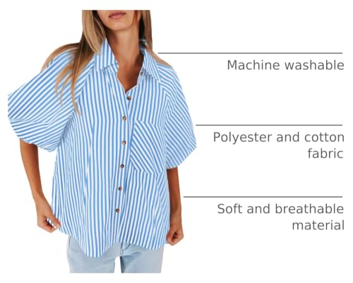 Image of Tankaneo Womens Puff Sleeve Tops Button Down Shirts Summer Striped Blouses | Short Sleeve, Trendy, Casual, Loose Fit, V Neck, Collared Tops, Chest Pocket