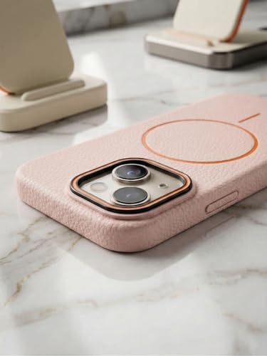 Image of amazon basics Luxury MagSafe Compatible Leather Texture Back Cover for iPhone 13 | Raised Camera Protection | Slim Fit Shockproof Case with Metallic Accents (Pink)