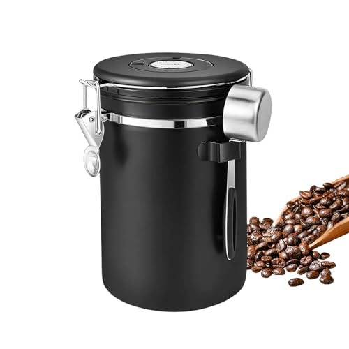 Airtight Coffee Beans Canister, 1.8L stainless steel container, Airtight Stainless Steel Food Storage Container with Date Tracker and Scoop for Grounds Coffee,Beans,Tea,Flour, Cereal,Sugar (Black)
