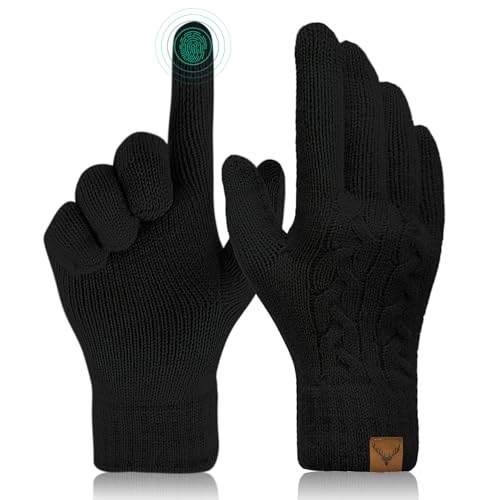 BLURBE Women Touch Screen Gloves - Winter Warm Gloves Touchscreen Mittens Thermal Fleece Lined Knitted Gloves for Outdoor, Black-flower, One Size