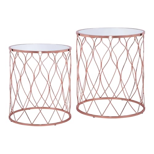 WOMO-DESIGN Beistelltisch 2er Set Chicago Ø40/Ø45cm, Kupfer, Unikat, handgefertigt aus Metall/Glas, Wohnzimmertisch mit Glasplatte verspiegelt und Metallgestell, Design Couchtisch Glastisch Sofatisch
