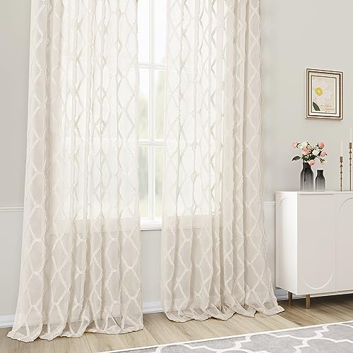 Beige Sheer Curtains 84 Inches Long for Living Room Rod Pocket Back Tab Sand Taupe Tan Semi Sheer Curtain Geometric Embroidered Tuft Pom Textured Drapes Earth Tone Farmhouse Rustic Bedroom Nursery by Hokibero - Image 4