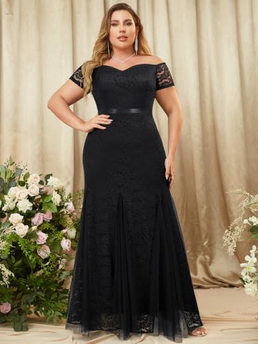 Image of Miusol Women's Plus Size Formal Wedding Guest Floral Lace Mermaid Dresses | Off Shoulder,Evening Gowns Prom Party,Vintage Mother of the Bride Groom Dresses,for Curvy Women,Maxi Dress