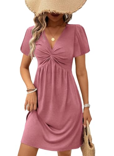 Acelitt Women Casual Fashion 2026 Summer Twist Front V Neck Short Sleeve Mini Dress High Waisted A Line Ruffle Dresses Sundress Outfits Pink XL