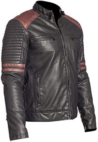 Image of Men's Leather Jacket Cafe Racer Biker Style Retro Stripes Jacket, Motorcycle Racing Leather Jacket Men
