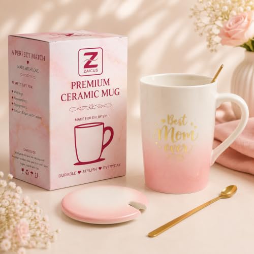 Image of ZAICUS Best Mom Ever Coffee Mug with Lid & Spoon, Ceramic Gift for Mother | Perfect for Coffee, Tea & Daily Use | Perfect Mother's Day & Birthday Gift