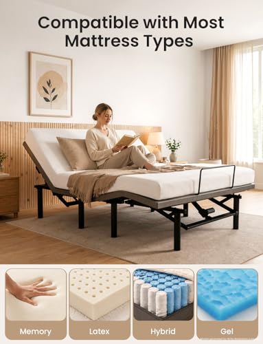 Image of Full Size Adjustable Bed Base with Wireless Remote & USB Ports - Quiet Motor Heavy Duty 750lbs Capacity Bed Frame for Elderly Back Pain Relief, Foldable Design, Mattress Friendly Adjustable Base