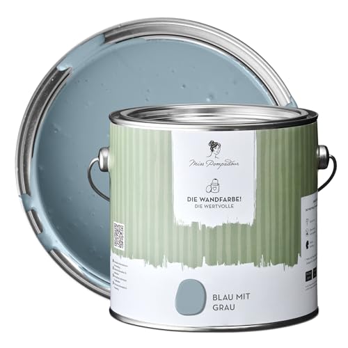 MissPompadour edelmatte Wandfarbe Blau mit Grau 2,5L - sehr hohe Deckkraft - geruchsneutrale, spritzfreie Farbe - atmungsaktive, wasserbasierte Innenfarbe/Deckenfarbe - Die Wertvolle