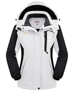 WULFUL Wasserdichte Schnee-Skijacke für Damen, Berg, winddicht, Wintermantel mit abnehmbarer Kapuze, Weiß & Schwarz, Small