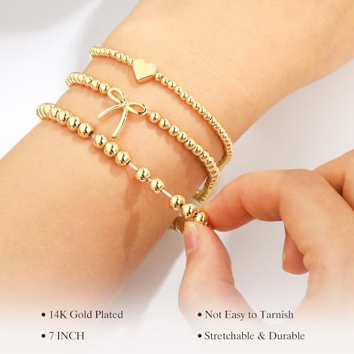 Turandoss Gold Beaded Bracelets for Women Teen Girls - Dainty 14K Gold Plated Bow Beaded Stretch Bracelets Stackable Bow Cross Heart Wave CZ Bracelet Trendy Jewelry Gifts for Women Teen Girls - Image 6
