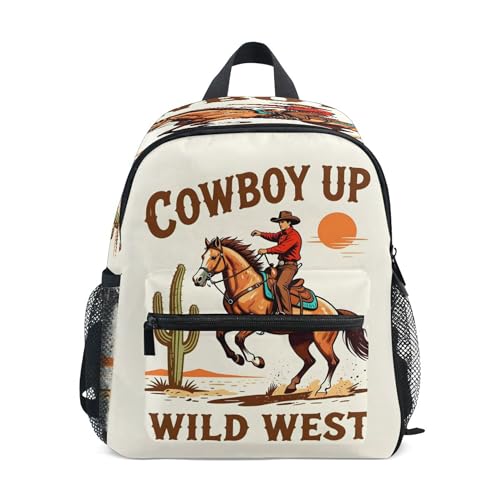 KLL Cowboy Illustration Rodeo Vintage Wild Toddler Backpack for Kids Boy's Girl's Cute Children Kindergarten School Book Bag with Chest Strap Small