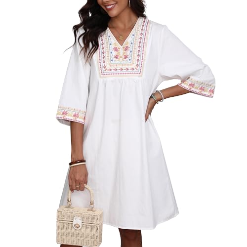 Image of Higustar Summer Womens White Cotton Mini Dresses Boho Embroidered Mexican Styel Bohemian Tunic Babydoll Dress for Women