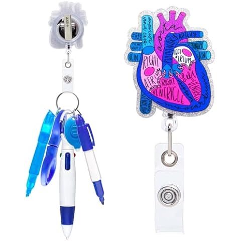 6Pcs Nurse Pen Set - Heart Nursing Badge Reel Permanent Marker Ballpoint Pen Mini Highlighter Foldable Badge Scissors LED Flashlight Keychain Nurse Badge Reel Accessories for Work Students (Blue) Cover