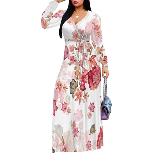 Image of Women's Maxi Dresses Plus Size Formal Long Sleeve Wrap Dress Spring Clothes Church Bohemian Wedding Guest Red