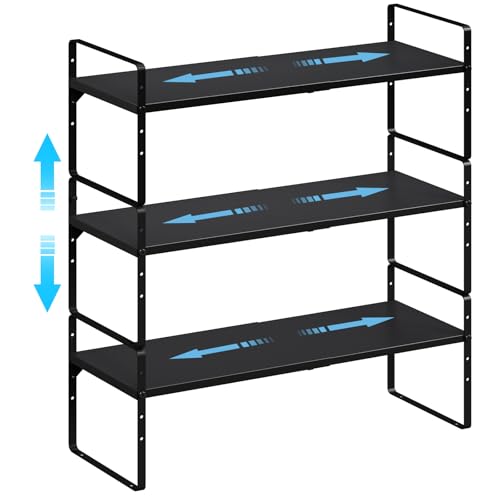 15.5 to 25.5 Inch Kitchen Cabinet Shelf Organizers, Adjustable Kitchen Counter Shelf Organizer, Set of 3 Expandable Countertop Storage Shelves, Stackable Design, 30LBS Heavy Duty, Space Saver