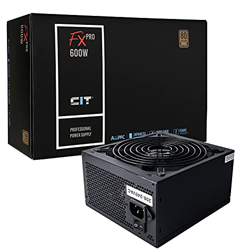 CiT FX Pro 600W PSU Non-Modular Gaming Power Supply Unit with Active PFC Japanese TK Capacitor - 14cm Quiet Fan - Flat Black Cables - 80 Plus Bronze Certified - Full Circuit Protection | Black