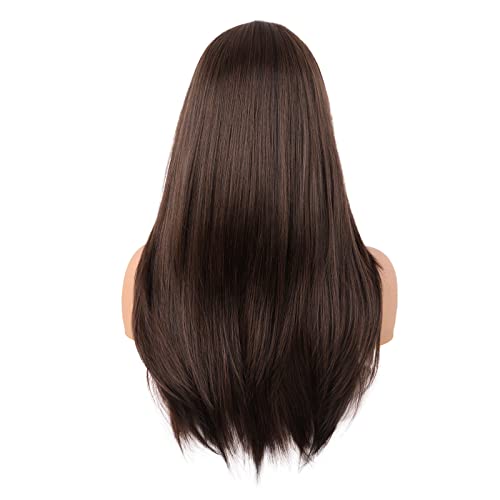 Mapofbeauty 24 Inch/60 Cm Long Straight Layered With Bangs Synthetic Hair Shoulder Length Daily Use Wig (Brown) #TOP3