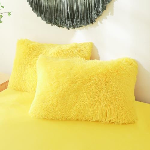 Faux Fur Fluffy Yellow Comforter Cover Twin Set – Plush Faux Fur Yellow Bedding 2-Piece Set (1 Furry Duvet Cover + 1 Shaggy Pillow Sham) Cozy Bed Set