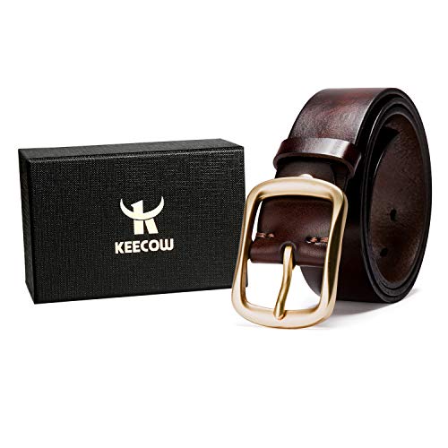 Keecow Men's 100% Italian Cow Leather Belt Men With Anti-Scratch Buckle,Packed In A Box (Burgundy-Brass Buckle, 115Cm (Pant Size:34-38)) #TOP4