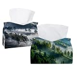 Paquete de 2 fundas para caja de pañuelos de bosque de pinos brumosos en la pendiente de la montaña en una reserva natural, organizador decorativo de cuero para mesa, baño, coche, oficina