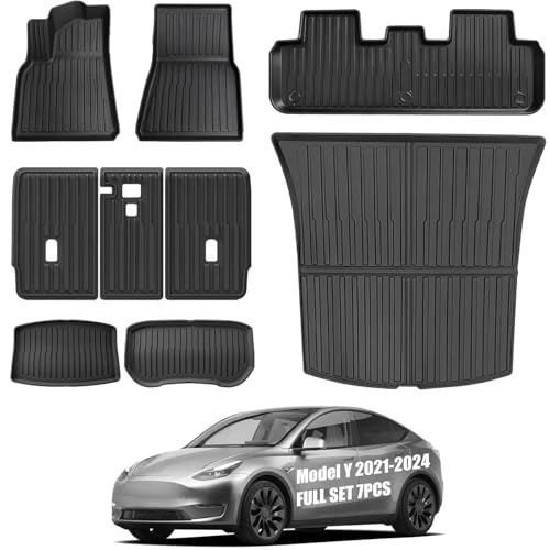 Abvesi All Weather Floor Mats Custom Fit Tesla Model Y 2021-2024 5-Seater TPE Waterproof Odorless Car Mats Set with Rear Seat Back Protector Interior Accessories (7PCS)