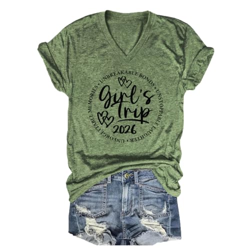 Girls Trip Shirt for Women 2026 Graphic V-Neck Summer Vacation Beach Shirts Besties Travel Weekend Matching T-Shirt Green