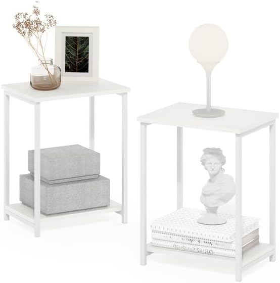 HomeStock Metal Frame End Table 3-Tier - Living Room Side Table with Shelves - 2 Pack - White