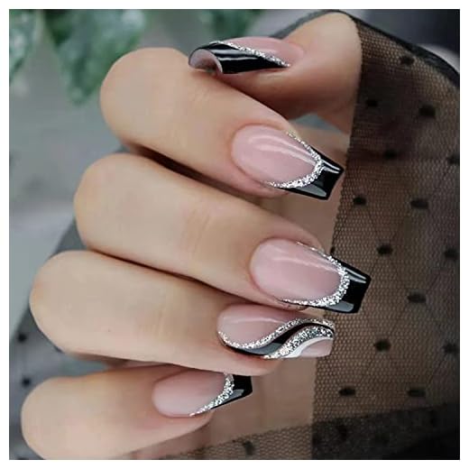 Black French Tip Press on Nails Medium Length Square Fake Nails with Silver Glitter Line Designs Glossy Coffin Nails Full Cover Nail Tips Glue on Nails Artificial Acrylic False Nails for Women 24Pcs