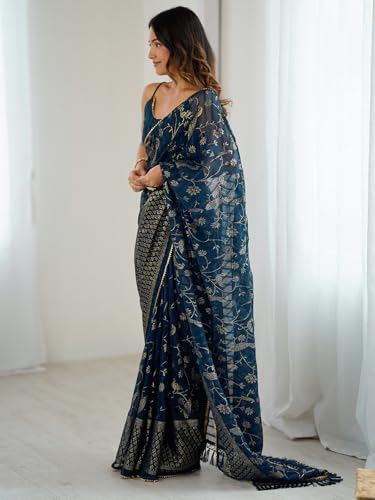 Image of Satrani Women's Georgette Foil Printed Gota Lace Self- Woven Saree with Unstitched Blouse Piece