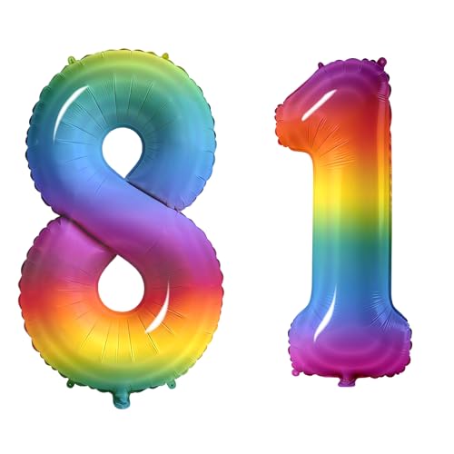 Number 81 Balloons for 81st Birthday Party Decorations, 0-100 Large No.81 Balloons for Women Men and Grandpa Grandma, 40 Inch Rainbow Foil Helium Balloon for 81 Year Old Anniversary Decorations