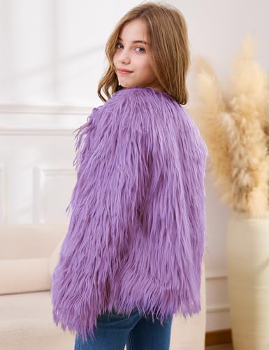 Girls Faux Fur Coat Open Front Furry Coats Long Sleeve Parka Shaggy Jacket Winter Warm Fluffy Outerwear 4-12 Years2