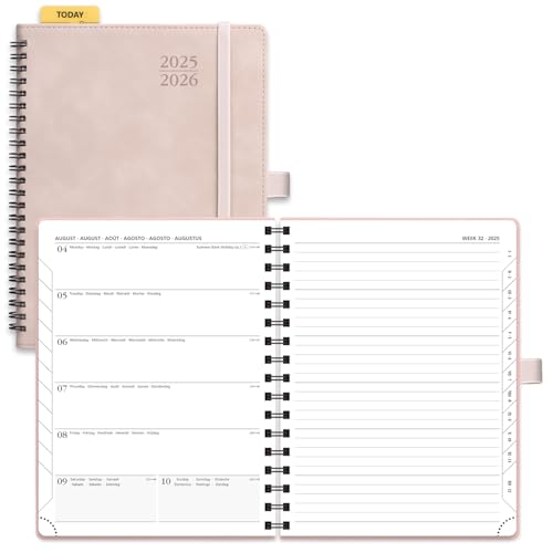 POPRUN Academic 2025-2026 Diary A5 Week to View Spiral Bound PU Leather Soft Cover 22 x 16.5 cm - 25/26 Mid Year Weekly Planner & Notebook in One, Monthly Tab (Soft Pink)