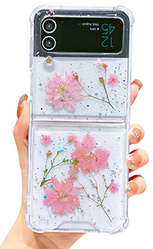 Abbery For Samsung Galaxy Z Flip 4 5G Case Clear With Design Glitter Cute Glitter Pressed Flower Floral Sparkle Tpu&Pc Transparent Women Girls Aesthetic Phone Case For Z Flip 4 (3 Pink Flower) #TOP4