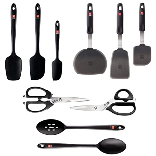 Di Oro 10-Piece Kitchen Utensil Set - 3 Seamless Silicone Spatulas And 2 Spoons, 3 Silicone Turners, And 2-Piece Stainless Steel Kitchen Scissors Set - 600°F Heat-Resistant Rubber Spatulas (Black) #TOP19