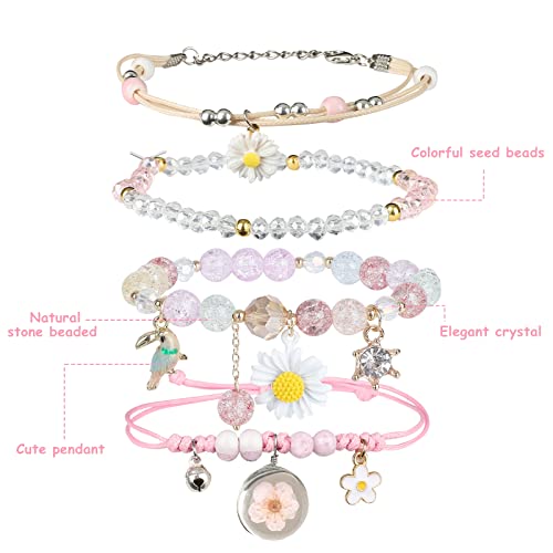 Image of 4 Pcs Beaded Cute Bracelets for Teen Girls Women, Dainty Cute Cartoon Crystal Beads Pearl Stretch Charm Handmade Adjustable Anklets Bracelet Set Birthday Gift for Friends