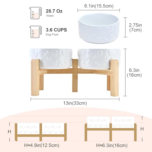 SPUNKYJUNKY Elevated Dog Bowls Ceramic, 6.1'' Dogs and Cat Food Water Bowls Raised with Non-Slip Bamboo Stand for Medium Sized Breed Microwave Dishwasher Safe - 28.7 OZ,Skull White by SPUNKYJUNKY - Used condition - Image 2
