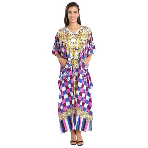 Image of Miss Lavish London Purple Floral Kaftan Dress for Women V Neck Batwing Sleeve Maxi Beach Cover Up, Ethnic Rose Print Plus Size Caftan with Side Slits & Pockets, Resort Wear Swimsuit-Purple-S