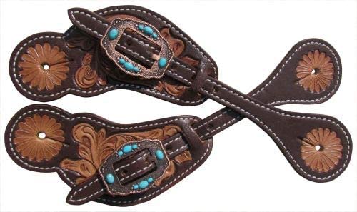 Showman Leaf & Floral Tooled Leather Spur Straps w/Turquoise Stones