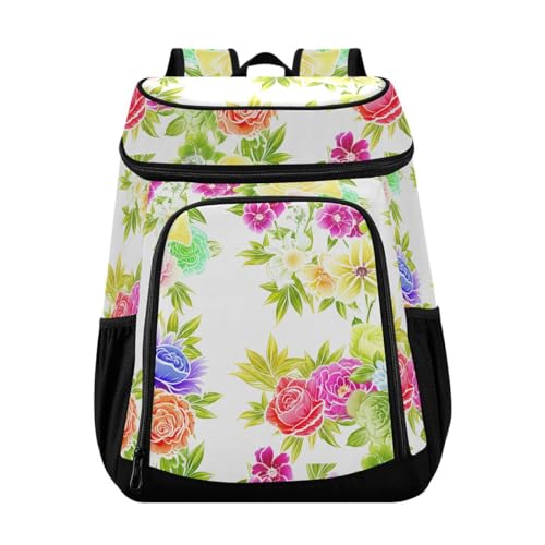 Floral Blossom Foliage White Cooler Backpack Leakproof Insulated Lunch Cooler Bag 30 Cans Camping Backpacks for Beach Road Trip Picnic