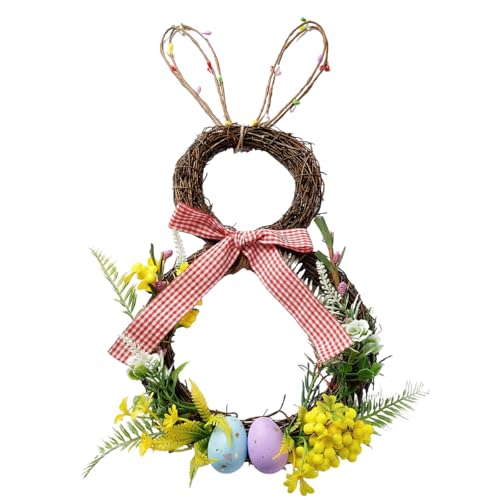 Easter Bunny Spring Wreath for Easter Decorations Artificial Easter Rabbit with Pastel Berries Eggs Raffia Bow for Front Door