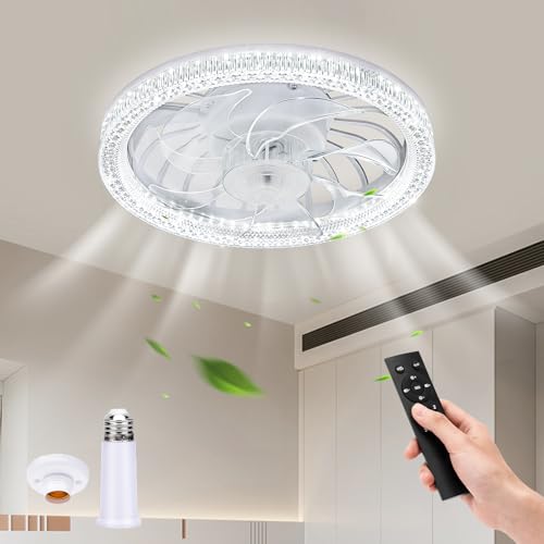 BomKra Deckenleuchte mit Ventilator, Klein Leise Deckenventilator mit Licht, E27 Deckenventilator mit Lampe & Fernbedienung, 3 Windstufen, Dimmbar