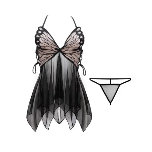 Kinizpl Men's Sissy Panties, Sexy Butterfly Net Nightdress Transparent Halter Uniform Seductive Pajamas，Sexy Lingerie For Men Low Rise G-string Underwear Gay Lingerie Crossdresser Black