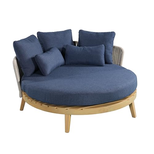 Merax Martin Outdoor Round Daybed, Acacia Wood Frame with Woven Rope Backrest, Natural Finish Wood+Slate Blue Cushion, Patio Lounger by Merax - Image 4