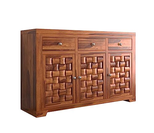 Image of Credenza Sheesham Wood Sideboard Cabinet | 3 Drawer & 3 Shelf Solid Wood Storage | Honey Finish Buffet Table for Living Room, Dining Room, Kitchen Cabinet & Home Furniture