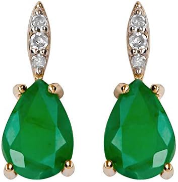 10k Yellow Gold Genuine Pear-Shape Emerald and Diamond Drop Earrings
