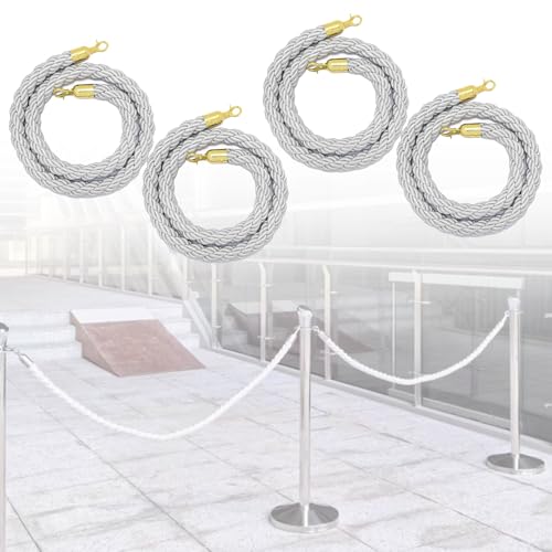 Grey Stanchion Post Rope with Hook, 4 Pack Crowd Control Barrier Rope for Red Carpet/Airport/Bank/School, 3ft to 10ft Twisted Velvet Rope(Gold Hook,2.5m/8.2ft)