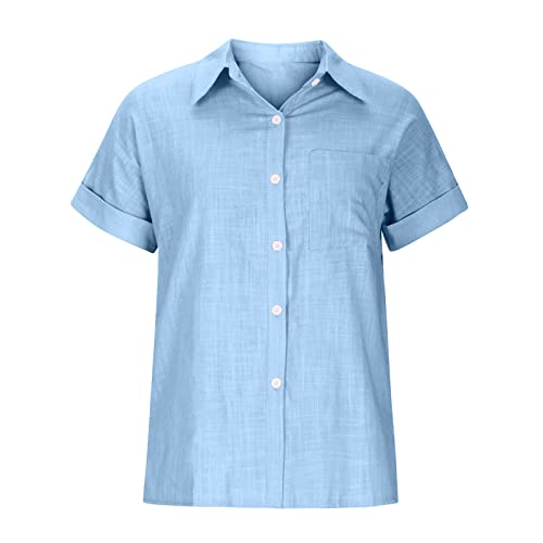Amidoa Cotton Linen Button Down Shirts Stand Collared Solid Color Blouse Top Short Sleeve Lightweight Tshirt Outfits Trendy #TOP4