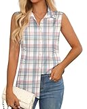 Sleeveless Plaid Button Down Shirt for Women Office Work Blouse Collared Summer Tank Top (Large, Light Blue Pink Plaid)