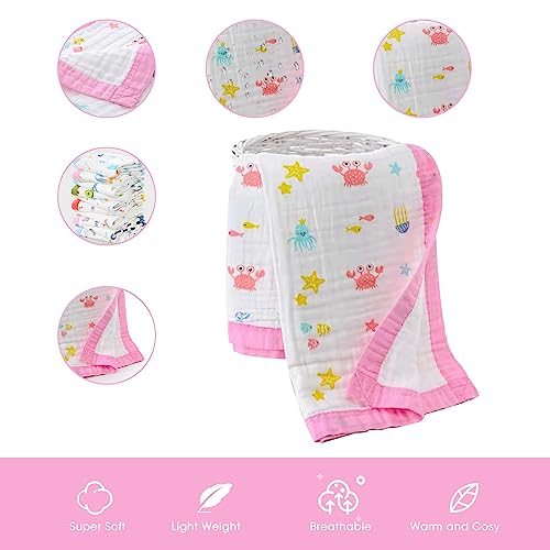 Jay & Ava Baby Muslin Blanket, Soft Toddler Cotton Blanket For Girl, 4 Layers Bed Throws For Baby Crib, Multicolor Printed Summer Quilt For Baby, Large 42” X 42” (Pink Ocean) #TOP2