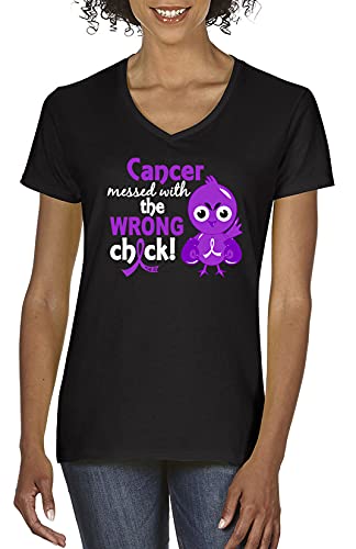 Fight Like a Girl Cancer Messed with The Wrong Chick Ladies V-Neck T-Shirt Black w/Purple [XL]